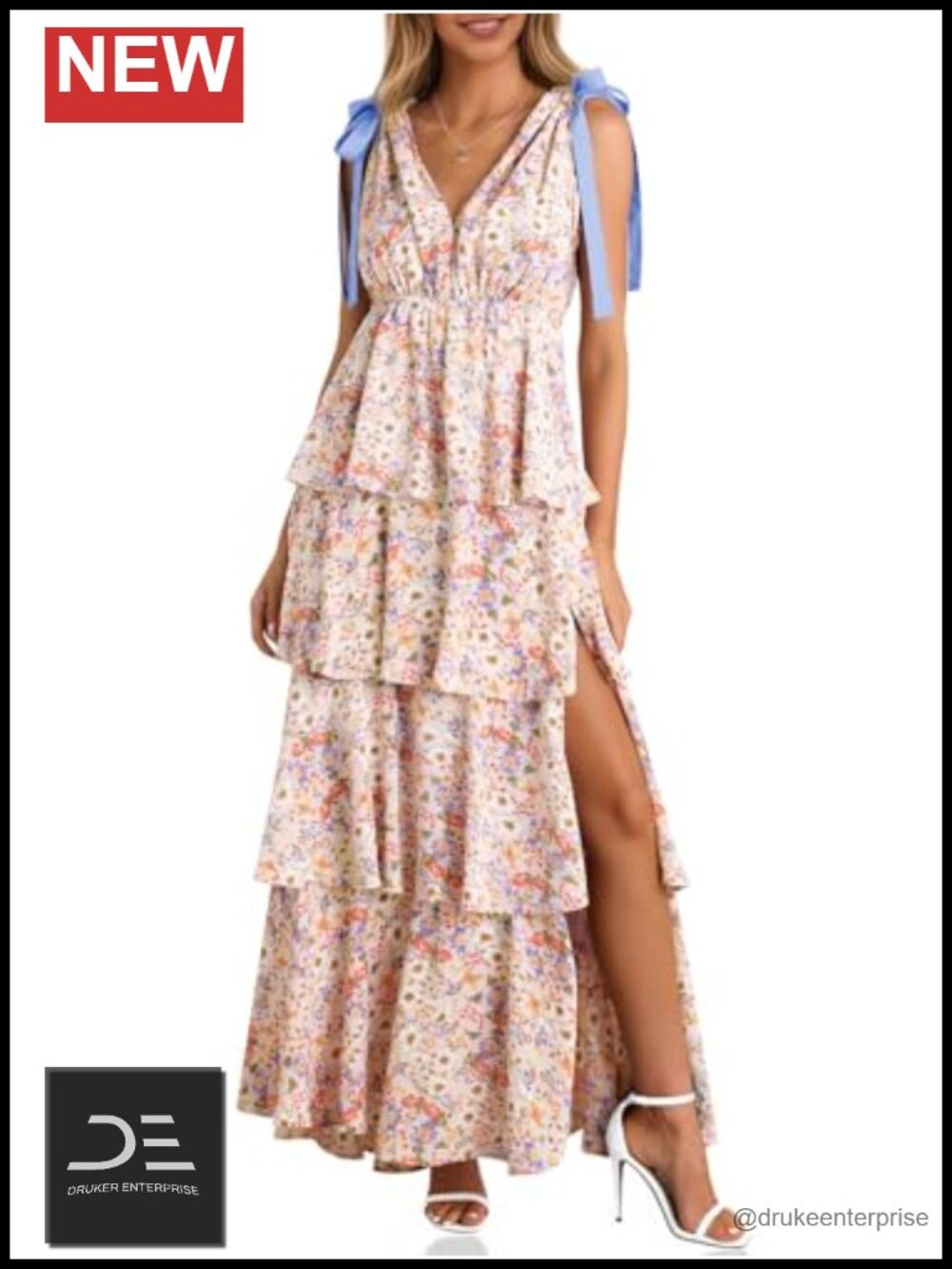 Womens Floral Ruffle Maxi Dress V-Neck Sleeveless A-Line Wedding Guest